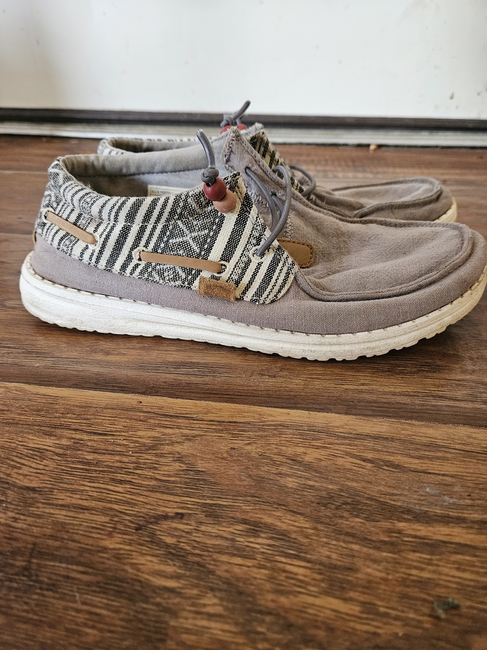 Hey Dude Taupe Canvas Slip-On Loafers with Black-White Stripe Accent